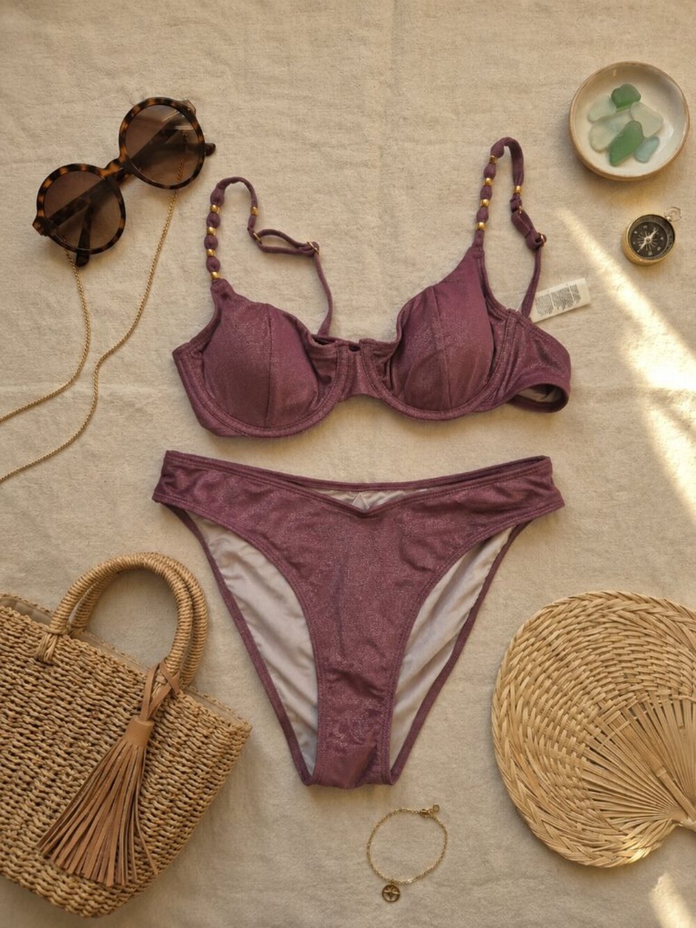 CUPSHE Dusty Pink Purple Metallic Shimmer Bikini Set NWT M Beach Resort Summer